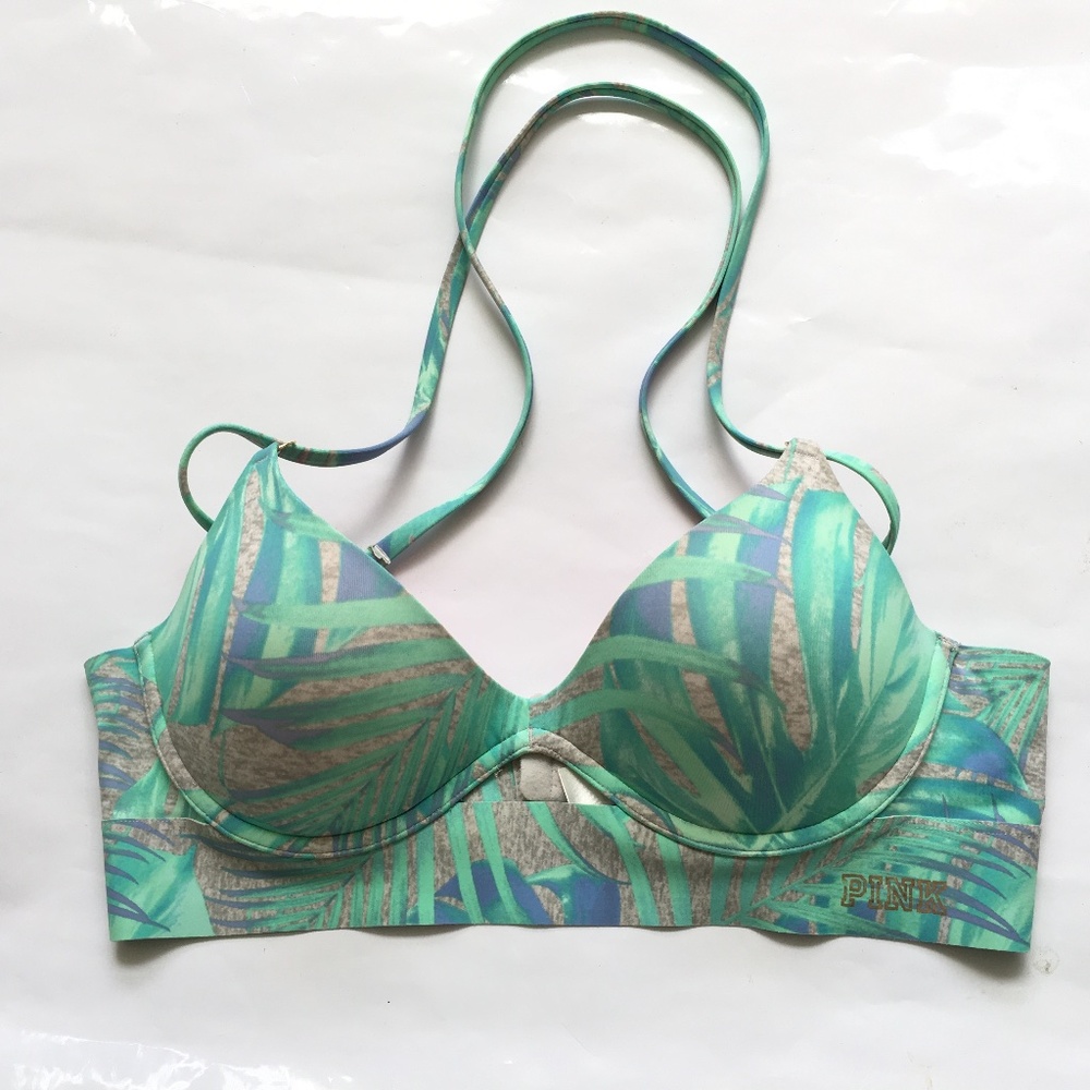 Victoria's Secret PINK Bonded Push Up Bra Floral Ferns Green Gray Size Medium